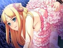 Rule 34 | 1girl, all fours, bare shoulders, benimura karu, blonde hair, blush, breasts, bunny black, clothed sex, clothes lift, dress, dress lift, game cg, green eyes, hanging breasts, long hair, nipples, no bra, sex, sweat, thighhighs, torn clothes, vaginal