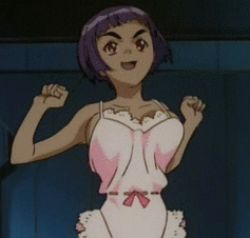 Rule 34 | 1990s (style), 1girl, :d, angel links, animated, animated gif, bare shoulders, blunt bangs, bob cut, bouncing breasts, bow, breasts, cleavage, clenched hands, cowboy shot, eyebrows, indoors, lace, large breasts, li meifon, lingerie, lowres, negligee, no bra, open mouth, purple hair, red eyes, retro artstyle, ribbon trim, screencap, short hair, sideboob, smile, solo, standing, thick eyebrows, underwear, underwear only