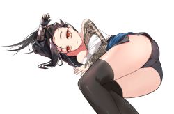 Rule 34 | 1girl, alternate eye color, arm tattoo, ass, asymmetrical clothes, bad id, bad pixiv id, bare shoulders, black hair, black shorts, black thighhighs, breasts, cleavage, collarbone, dragon tattoo, eyelashes, genderswap, genderswap (mtf), hair tie, hand up, hanzo (overwatch), head rest, high ponytail, huyou (awegk), japanese clothes, long hair, looking at viewer, lying, medium breasts, on side, overwatch, overwatch 1, ponytail, red eyes, sarashi, sash, shorts, side slit, solo, tattoo, thighhighs