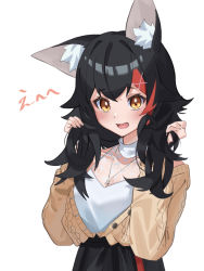 Rule 34 | 1girl, animal ear fluff, animal ears, black hair, blush, brown eyes, buttons, cardigan, daichi (daichi catcat), hair ornament, hands up, highres, holding, holding own hair, hololive, long hair, long sleeves, looking at viewer, multicolored hair, ookami mio, ookami mio (street), open cardigan, open clothes, open mouth, red hair, shirt, simple background, smile, solo, streaked hair, translation request, upper body, virtual youtuber, white background, white shirt, wolf ears, x hair ornament, yellow cardigan
