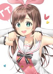 Rule 34 | 1girl, aqua eyes, armpits, bad id, bad twitter id, bare shoulders, blush, breasts, brown hair, buttons, collarbone, detached sleeves, double-breasted, h shai, hairband, kizuna ai, kizuna ai inc., long hair, long sleeves, looking at viewer, medium breasts, multicolored hair, open mouth, pink hair, pink hairband, pointing, pointing at self, round teeth, shirt, sleeveless, sleeveless shirt, smile, teeth, two-tone hair, upper body, virtual youtuber