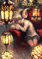 Rule 34 | 1boy, absurdres, armchair, black shorts, blonde hair, blunt bangs, chair, child, closed mouth, dark skin, demon, demon horns, head on hand, highres, horns, izumi shino, lantern, legs together, light particles, light smile, long sleeves, looking at viewer, male focus, original, shirt, short hair, shorts, sitting, smile, solo, white shirt, yellow eyes