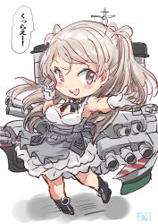 Rule 34 | 1girl, animal print, black footwear, boots, breasts, chibi, cleavage, cleavage cutout, clothing cutout, conte di cavour (kancolle), conte di cavour (kancolle) (cosplay), conte di cavour nuovo (kancolle), cosplay, dress, fish print, frilled dress, frills, fuji (pixiv24804665), gloves, goldfish print, highres, kantai collection, large breasts, long hair, machinery, simple background, smokestack, solo, translation request, two side up, white background, white dress, white gloves