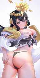 Rule 34 | 1girl, absurdres, amaterasu (nyanko daisensou), armor, ass, ass grab, black bra, black eyes, black hair, black panties, blush, bra, breasts, butt crack, crown, detached sleeves, earrings, embarrassed, grabbing own ass, hair ornament, hand on own ass, highres, jewelry, large breasts, looking at viewer, merry 051922, navel, nyanko daisensou, panties, shoulder armor, underwear, user ckmc3873