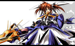 Rule 34 | 10s, 1girl, alternate costume, alternate weapon, angry, armor, delusion overdose, dress, fingerless gloves, gloves, huge weapon, letterboxed, lyrical nanoha, magical girl, mahou shoujo lyrical nanoha, mahou shoujo lyrical nanoha the movie 1st, matsuno canel, mecha, mecha musume, open mouth, orange hair, purple eyes, raising heart, red hair, robot, shadow, shield, short twintails, solo, standing, takamachi nanoha, twintails, wallpaper, weapon