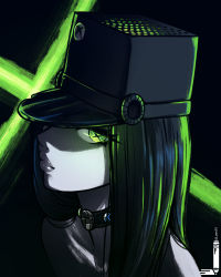 Rule 34 | 1girl, absurdres, black background, collar, commentary, english commentary, game console, glowing, glowing eyes, green eyes, hat, highres, lips, loen, long hair, looking at viewer, microsoft, pale skin, personification, simple background, solo, xbox, xbox series x