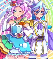 Rule 34 | 1boy, 1girl, 1jumangoku, ;q, animal ears, ascot, asymmetrical dress, bare shoulders, belt, belt buckle, berry, black belt, black footwear, blue dress, blue hair, blue hairband, blush, boots, brooch, brother and sister, buckle, buttons, clenched hand, closed mouth, coat, collarbone, commentary request, cowboy shot, cure parfait, dangle earrings, diamond (shape), dress, earrings, embarrassed, epaulettes, eyelashes, feather hair ornament, feathers, food-themed hair ornament, frilled dress, frilled sleeves, frills, gloves, gradient hair, green eyes, hair ornament, hairband, heart, high ponytail, horse ears, jewelry, julio (precure), light blush, locked arms, long hair, long sleeves, magical boy, magical girl, multicolored hair, necklace, one eye closed, outline, pants, parfait, pearl earrings, pearl necklace, pink hair, precure, purple ascot, purple hair, rainbow background, short dress, siblings, simple background, sleeves past wrists, smile, star (symbol), star brooch, starry background, strapless, strapless dress, sweatdrop, thigh boots, tongue, tongue out, v, very long hair, wavy mouth, white coat, white gloves, white outline, white pants, white sleeves