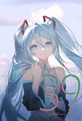 Rule 34 | 1girl, black sleeves, blue eyes, blue hair, blue nails, character name, cloud, cloudy sky, cropped torso, detached sleeves, english text, grey shirt, hair between eyes, hair ornament, hatsune miku, highres, holding, holding hair, light blue hair, long hair, looking at viewer, necktie, shirt, sidelocks, signature, sky, sougishi ego, twintails, very long hair