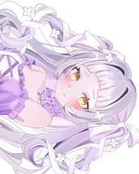 Rule 34 | 1girl, absurdres, alternate costume, arched bangs, bare shoulders, blunt bangs, blush, breasts, choker, closed mouth, commission, dress, frilled choker, frills, grey hair, hair between eyes, head rest, highres, hololive, long hair, long hair between eyes, looking at viewer, murasaki shion, off-shoulder dress, off shoulder, purple choker, ribbon, sideways, skeb commission, small breasts, smile, solo, two side up, upper body, uyuwu3, virtual youtuber, white ribbon, yellow eyes