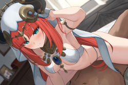 Rule 34 | 1boy, 1girl, armlet, bare shoulders, blush, bottomless, breasts, brooch, cowgirl position, fake horns, genshin impact, girl on top, green eyes, hair ornament, harem outfit, hetero, highres, horns, jewelry, large breasts, long hair, looking at viewer, low twintails, neck ring, nilou (genshin impact), red hair, sex, sidelocks, smile, sp123, straddling, thighs, twintails, veil