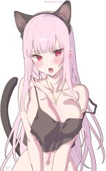Rule 34 | 1girl, :o, animal ears, armpit crease, bare shoulders, blush, breasts, cat ears, cat girl, cat tail, cleavage, collarbone, commentary, highres, hololive, hololive english, jewelry, kamiya maneki, large breasts, light blush, long hair, looking at viewer, mask, midriff, mori calliope, necklace, open mouth, pink eyes, pink hair, red nails, red ribbon, ribbon, shirt, simple background, skull necklace, solo, tail, virtual youtuber, white background