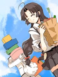 Rule 34 | 10s, 1boy, 1girl, admiral (kancolle), ahoge, bag, bandeau, black hair, black thighhighs, box, brown hair, closed eyes, cloud, day, flying sweatdrops, food, imperial japanese navy, japanese clothes, kanoe soushi, kantai collection, long hair, low twintails, pleated skirt, red ribbon, ribbon, shouhou (kancolle), skirt, sky, smile, sweatdrop, thighhighs, twintails, twitter username, zettai ryouiki