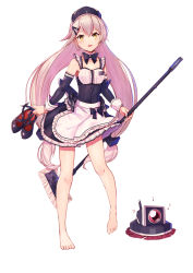 Rule 34 | 1girl, alternate costume, apron, bare legs, barefoot, black bow, blush, bow, bow choker, breasts, character name, choker, cleavage, collarbone, corset, detached sleeves, enmaided, frilled choker, frilled skirt, frills, full body, girls&#039; frontline, hair between eyes, hair ornament, hairclip, highres, holding, holding mop, holding shoes, long hair, looking at viewer, low twintails, maid, maid apron, maid headdress, medium breasts, mg4 (girls&#039; frontline), mid-stride, mop, name tag, open mouth, ranyu, shoes, unworn shoes, sidelocks, silver hair, simple background, skirt, smile, solo, standing, twintails, very long hair, walking, white background, wind, wind lift, yellow eyes
