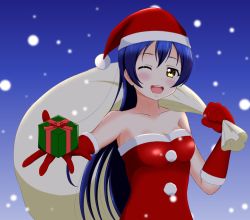 Rule 34 | 1girl, ;), artist name, artist request, bag, bare shoulders, blue hair, blue sky, blush, box, breasts, brown eyes, carrying, carrying bag, christmas, cloud, collarbone, dress, female focus, fur-trimmed dress, fur-trimmed gloves, fur trim, gift, gift box, gloves, hair between eyes, hat, holding, holding bag, holding gift, long hair, looking at viewer, love live!, love live! school idol project, night, night sky, one eye closed, outdoors, parted lips, pom pom (clothes), red dress, red gloves, santa dress, santa hat, sky, smile, snow, snowing, solo, sonoda umi, upper body, wink, yellow eyes