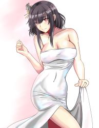 Rule 34 | 1girl, absurdres, bare shoulders, black hair, blush, breasts, cleavage, clothes lift, collarbone, dress, dress lift, hair ornament, highres, jewelry, kantai collection, large breasts, long dress, looking at viewer, red eyes, ring, short hair, shutenndouji1, sidelocks, sleeveless, sleeveless dress, solo, strapless, strapless dress, wedding band, white dress, yamashiro (kancolle)