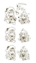 Rule 34 | 2girls, :3, ahoge, anchor hair ornament, beret, blush, chocolate, closed eyes, closed mouth, commandant teste (kancolle), constricted pupils, crescent, crescent hair ornament, cup, eating, english text, hair between eyes, hair ornament, hat, holding mug, jacket, jyako (bara-myu), kantai collection, long hair, long sleeves, monochrome, mug, multicolored hair, multiple girls, neck ribbon, pointing, pom pom (clothes), ribbon, sailor collar, scarf, school uniform, serafuku, simple background, smile, steam, streaked hair, surprised, swept bangs, upper body, uzuki (kancolle), wavy hair, wavy mouth, white background