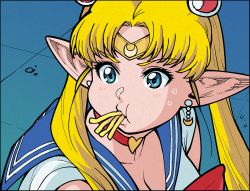 Rule 34 | 1girl, bad id, bad pixiv id, bishoujo senshi sailor moon, blonde hair, blue eyes, blue sailor collar, blush, breasts, choker, cleavage, collarbone, commentary request, cosplay, crescent, crescent earrings, derivative work, double bun, earrings, elf-san wa yaserarenai., elfuda (elf-san wa yaserarenai.), food, french fries, hair bun, jewelry, long hair, magical girl, meme, nose blush, pointy ears, sailor collar, sailor moon, sailor moon redraw challenge (meme), sailor senshi, sailor senshi uniform, saliva, screenshot redraw, solo, symbol-shaped pupils, synecdoche, tsukino usagi, twintails, upper body