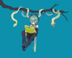 Rule 34 | 1girl, aqua eyes, aqua hair, aqua necktie, bare shoulders, black footwear, black leg warmers, black ribbon, black skirt, black sleeves, bmp-to-png conversion, book, branch, bright pupils, chinese commentary, collared shirt, commentary request, detached sleeves, full body, grey shirt, hair ribbon, hatsune miku, highres, leg warmers, living hair, long hair, necktie, open book, pleated skirt, prehensile hair, reading, ribbon, shirt, shoes, shoulder tattoo, signature, skirt, sleeveless, sleeveless shirt, snake hair, solo, tattoo, twintails, very long hair, vocaloid, white pupils, zhepsikn