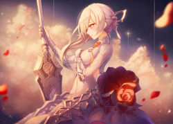 Rule 34 | 1girl, asymmetrical hair, blue eyes, blurry, breasts, closed mouth, cloud, cloudy sky, depth of field, dress, flower, from side, gloves, grey gloves, hair ornament, hand on own chest, hand up, holding, holding sword, holding weapon, inho song, long hair, long sleeves, looking at another, medium breasts, petals, red flower, red rose, rose, silver hair, sinoalice, sky, smile, snow white (sinoalice), solo, sparkle, sword, weapon, white dress, wind