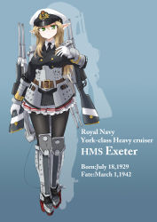 Rule 34 | 1girl, :&lt;, arm guards, armor, bad id, bad pixiv id, blonde hair, breasts, character name, dakku (ogitsune), gloves, green eyes, gun, hat, hms exeter, jacket, long hair, mecha musume, necktie, open mouth, pantyhose, personification, pointy ears, royal navy, skirt, solo, uniform, weapon