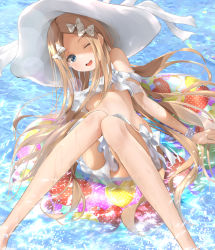 Rule 34 | 1girl, abigail williams (fate), abigail williams (swimsuit foreigner) (fate), abigail williams (swimsuit foreigner) (third ascension) (fate), bare shoulders, bikini, blonde hair, blue eyes, blush, bonnet, bow, breasts, fate/grand order, fate (series), forehead, hair bow, hat, highres, innertube, knees together feet apart, legs, long hair, looking at viewer, miniskirt, multiple hair bows, navel, one eye closed, open mouth, parted bangs, sakazakinchan, sidelocks, skirt, small breasts, smile, sun hat, swim ring, swimsuit, very long hair, water, white bikini, white bow, white headwear