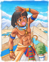 Rule 34 | 1boy, ancient egypt, artist request, black hair, brown eyes, cloud, cowboy shot, dark skin, egyptian, male focus, original, outdoors, plant, pyramid (structure), river, sky, solo, standing, tree, water