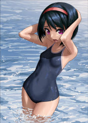 Rule 34 | 1girl, armpits, arms behind head, black hair, black one-piece swimsuit, collarbone, commentary request, competition school swimsuit, cowboy shot, hairband, looking at viewer, one-piece swimsuit, open mouth, original, partially submerged, pink eyes, red hairband, red headwear, rohitsuka, school swimsuit, short hair, soaking feet, solo, standing, swimsuit, wading, water, wet, wet clothes, wet swimsuit