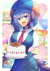 Rule 34 | 1girl, :d, au ra, balloon, blue eyes, blue gloves, blue hair, blue hat, blue skirt, blue vest, blurry, blurry background, blush, breasts, cabbie hat, cake, collared shirt, commentary request, commission, depth of field, diagonal-striped clothes, diagonal-striped necktie, dragon girl, dragon horns, dragon tail, final fantasy, final fantasy xiv, food, fruit, gloves, hand up, happy birthday, hat, head tilt, heart balloon, holding, holding plate, horns, kou hiyoyo, large breasts, necktie, open mouth, plate, red necktie, scales, shirt, skeb commission, skirt, smile, solo, strawberry, striped clothes, tail, v, vest, warrior of light (ff14), white shirt
