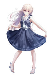 Rule 34 | 1girl, bare arms, berkut (girly air force), blue dress, braid, brown eyes, closed mouth, dress, earrings, floating hair, full body, girly air force, jewelry, kurono mitsuki, long hair, looking at viewer, medium dress, neckerchief, pleated dress, sailor collar, sailor dress, see-through, silver hair, simple background, skirt hold, sleeveless, sleeveless dress, smile, solo, sparkle, standing, striped neckerchief, very long hair, white background, white neckerchief, white sailor collar