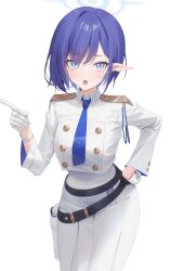 Rule 34 | 1girl, aoi (blue archive), aya (lezon), belt, blue archive, blue eyes, blue hair, blush, breasts, buttons, double-breasted, gloves, halo, hand on own hip, highres, long skirt, medium breasts, mole, mole under eye, necktie, open mouth, pleated skirt, pointy ears, short hair, simple background, skirt, solo, white background, white gloves