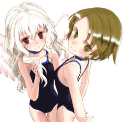 Rule 34 | 2girls, arms behind back, blue choker, blush, bow choker, breasts, brown eyes, brown hair, choker, facing another, facing viewer, flat chest, from above, green eyes, green hair, holding, holding hair, koishikawa kohane, long hair, looking at viewer, multiple girls, one-piece swimsuit, period, red eyes, sawatari aoi, short hair, simple background, small breasts, smile, swimsuit, thigh gap, very short hair, white background, white hair, wings