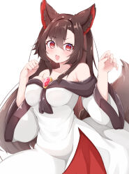 Rule 34 | 1girl, animal ears, blush, breasts, brooch, brown hair, dress, imaizumi kagerou, jewelry, large breasts, long hair, long sleeves, multicolored clothes, multicolored dress, open mouth, red dress, red eyes, rururiaru, simple background, smile, solo, tail, touhou, white background, white dress, wolf ears, wolf tail