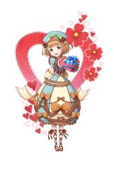 Rule 34 | 1girl, ankle lace-up, beatrice (princess principal), blue dress, blue hat, blush, bow, box, box of chocolates, brown bow, brown eyes, brown footwear, brown hair, cross-laced footwear, dress, flower, frilled dress, frills, full body, gift, hat, hat bow, heart, heart-shaped box, highres, looking at viewer, official art, princess principal, princess principal game of mission, solo, standing, transparent background