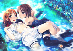 Rule 34 | 2girls, bloomers, frills, multiple girls, open clothes, open shirt, shirt, thighhighs, underwear, white bloomers, yuri