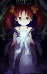 Rule 34 | 1girl, bow, brown hair, copyright name, dark background, dress, earrings, flower, fractale, green eyes, hair flower, hair ornament, jewelry, looking at viewer, moyuvvx, necklace, nessa (fractale), parted bangs, purple dress, short twintails, solo, twintails, white bow, wide sleeves