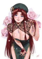 Rule 34 | 1girl, adjusting hair, bad id, bad pixiv id, bell, beret, blue eyes, blush, braid, breasts, china dress, chinese clothes, cleavage, closed mouth, commentary request, dress, floral background, green dress, green hat, hair ornament, hat, hong meiling, jewelry, jingle bell, kamiyama aya, large breasts, leaning forward, long hair, looking at viewer, nail polish, parted bangs, red eyes, red nails, ring, see-through, shiny skin, solo, standing, touhou, twin braids, very long hair