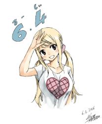 Rule 34 | 1girl, blonde hair, breasts, brown eyes, dated, fairy tail, female focus, heart, large breasts, long hair, looking at viewer, lucy heartfilia, mashima hiro, official art, smile, solo, twintails, white background