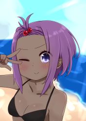 Rule 34 | 1girl, ;&gt;, arm up, bangs pinned back, bare shoulders, bikini, black bikini, blurry, blurry background, blush, breasts, cleavage, closed mouth, collarbone, dark-skinned female, dark skin, day, depth of field, fate/prototype, fate/prototype: fragments of blue and silver, fate (series), forehead, hassan of serenity (fate), highres, horizon, i.u.y, ocean, outdoors, purple eyes, purple hair, short hair, small breasts, solo, swimsuit, upper body, v over eye, water