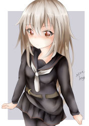 Rule 34 | 1girl, black pantyhose, black sailor collar, black serafuku, black shirt, black skirt, blush, brown eyes, brown hair, closed mouth, commentary request, crescent, crescent pin, dakkusu, dated, grey background, hair between eyes, highres, kantai collection, kikuzuki (kancolle), long hair, long sleeves, pantyhose, pleated skirt, sailor collar, school uniform, serafuku, shirt, signature, skirt, sleeves past wrists, smile, solo, two-tone background, very long hair, white background, white neckwear