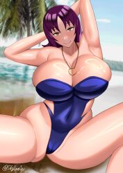 Rule 34 | 1girl, :&gt;, alternate breast size, arms up, beach, blue one-piece swimsuit, blue sky, breasts, cameltoe, creatures (company), curvy, day, game freak, highres, large breasts, legs apart, lips, looking at viewer, nintendo, one-piece swimsuit, palm tree, philena ivy, pokemon, pokemon (anime), pokemon (classic anime), purple eyes, purple hair, shiny skin, sky, skyloveit, smile, spiked hair, standing, swimsuit, thick thighs, thighs, tree, water, wide hips