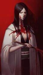 Rule 34 | 1girl, 50x48x48, black hair, black kimono, bleach, bleach: sennen kessen-hen, blood, blood on clothes, blood on face, bloody weapon, breasts, cleavage, haori, highres, holding, holding sword, holding weapon, japanese clothes, kimono, large breasts, long hair, parted bangs, parted lips, red background, solo, sword, taichou haori, unohana retsu, weapon