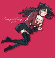 Rule 34 | 1girl, archer (fate), black hair, black ribbon, black skirt, black thighhighs, character doll, closed mouth, dated, fate/stay night, fate (series), green eyes, hair ribbon, happy birthday, hugging doll, hugging object, long hair, lying, on side, oneroom-disco, red background, red shirt, ribbon, shirt, simple background, skirt, smile, thighhighs, tohsaka rin