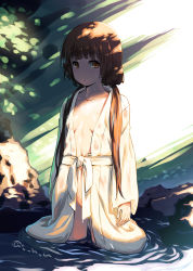 Rule 34 | 10s, 1girl, :o, amayadori machi, blunt bangs, breasts, brown eyes, brown hair, collarbone, inu (aerodog), kumamiko, long hair, looking at viewer, low twintails, naked robe, ripples, robe, small breasts, solo, twintails, twitter username, wading, water, wet, wet clothes