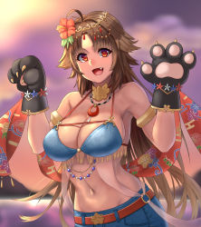 Rule 34 | 1girl, :d, absurdres, animal ears, animal hands, antenna hair, armlet, armpits, bare shoulders, belt, bikini, bikini top only, blue bikini, blurry, blurry background, breasts, brown hair, circlet, cleavage, cloud, collarbone, commentary, cowboy shot, dark-skinned female, dark skin, denim, denim shorts, dog ears, dog girl, eyebrows hidden by hair, fang, flower, gloves, groin, hair between eyes, hair flower, hair ornament, highres, jewelry, kaori (princess connect!), kaori (summer) (princess connect!), large breasts, long hair, looking at viewer, navel, necklace, o-ring, ocean, official alternate costume, open mouth, outdoors, parted bangs, paw gloves, princess connect!, purple sky, red belt, red eyes, red shawl, shawl, shorts, sidelocks, sky, smile, solo, standing, stmoon, stomach, sunset, swimsuit, w arms