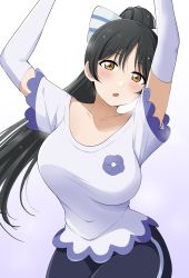 Rule 34 | 1girl, barkhorn0331, black hair, blush, breasts, hazuki ren, highres, large breasts, long hair, looking at viewer, love live!, love live! superstar!!, open mouth, ponytail, purple shirt, ribbon, shirt, simple background, sweat, yellow eyes