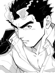 Rule 34 | 1boy, bara, covered erect nipples, facial scar, fiery hair, fiery horns, fle0423, forked eyebrows, greyscale, highres, horns, jacket, jacket on shoulders, long sideburns, looking at viewer, male focus, monochrome, muscular, muscular male, partially unbuttoned, pectoral cleavage, pectorals, sakimori toji, scar, scar on cheek, scar on face, short hair, sideburns, solo, thick eyebrows, tokyo houkago summoners, upper body