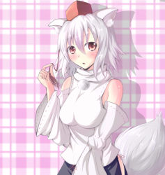 Rule 34 | 1girl, animal ears, bare shoulders, blush, breasts, detached sleeves, female focus, hat, highres, impossible clothes, inubashiri momiji, nicoby, open mouth, short hair, silver hair, skirt, solo, tail, tokin hat, touhou, wolf ears, wolf tail