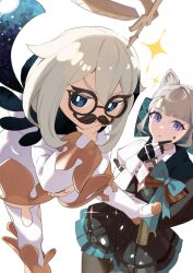 Rule 34 | 2girls, animal ears, black gloves, black pantyhose, black skirt, blue bow, blue eyes, blue scarf, blunt bangs, bow, bright pupils, closed mouth, commentary request, dress, facial hair, facial mark, genshin impact, glasses, gloves, grey hair, hair bow, halo, hand on own chin, hand up, highres, large bow, lempika, long sleeves, looking at viewer, lynette (genshin impact), medium hair, multiple girls, mustache, paimon (genshin impact), pantyhose, pleated skirt, purple eyes, scarf, skirt, standing, star (symbol), star facial mark, stroking own chin, white dress, white hair, white pupils