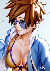 Rule 34 | 1girl, backlighting, bikini, blue background, blue jacket, blue sky, breasts, brown eyes, brown hair, casual, collarbone, day, ear piercing, earrings, front-tie bikini top, front-tie top, highres, jacket, jewelry, l.k, lips, long sleeves, looking to the side, medium breasts, open clothes, open jacket, overwatch, overwatch 1, piercing, short hair, signature, sky, smile, solo, spiked hair, sunglasses, swimsuit, tracer (overwatch), upper body, yellow bikini
