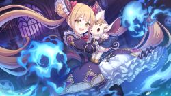 Rule 34 | 1girl, animal, blonde hair, dress, european clothes, green eyes, holding, holding animal, long hair, luna (shadowverse), official art, pet, princess connect!, shadowverse, twintails
